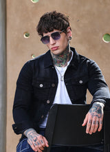 Grey Solid Denim Slim Fit Jacket
