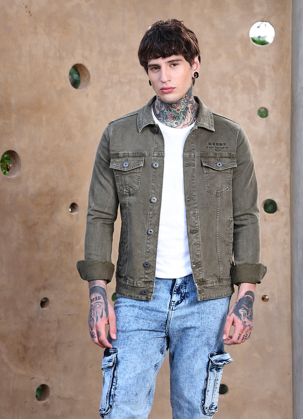 Olive Faded Denim Slim Fit Jacket