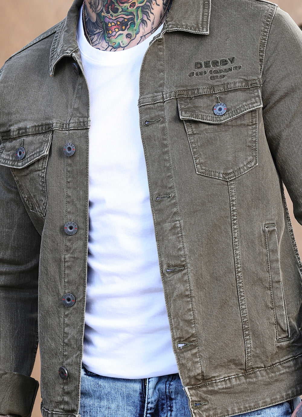 Olive Faded Denim Slim Fit Jacket