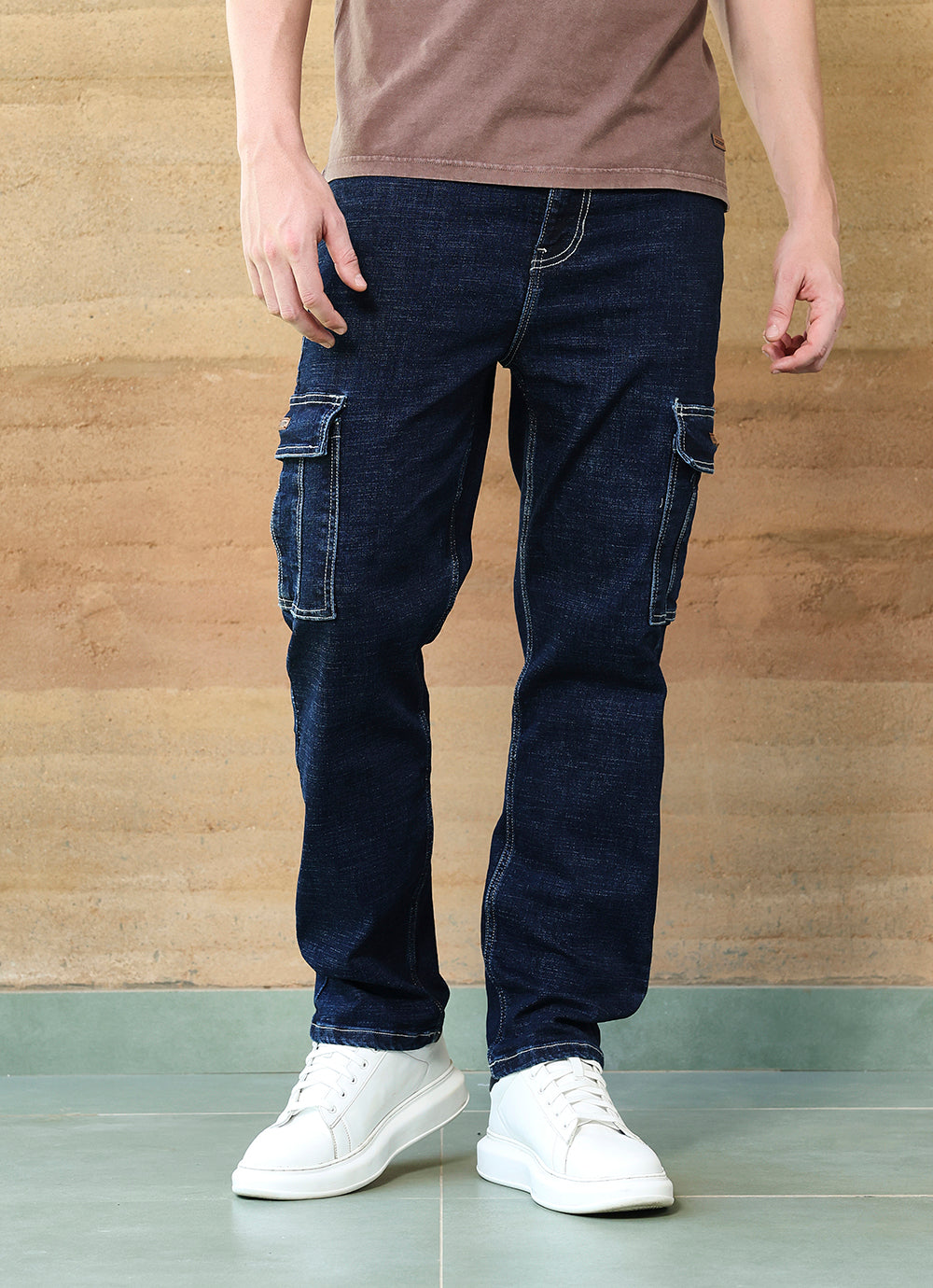 Dark Blue Faded Cross Hatch Cargo Fit Jeans