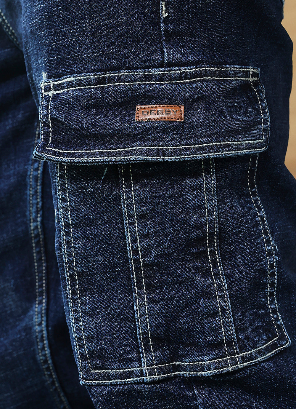 Dark Blue Faded Cross Hatch Cargo Fit Jeans