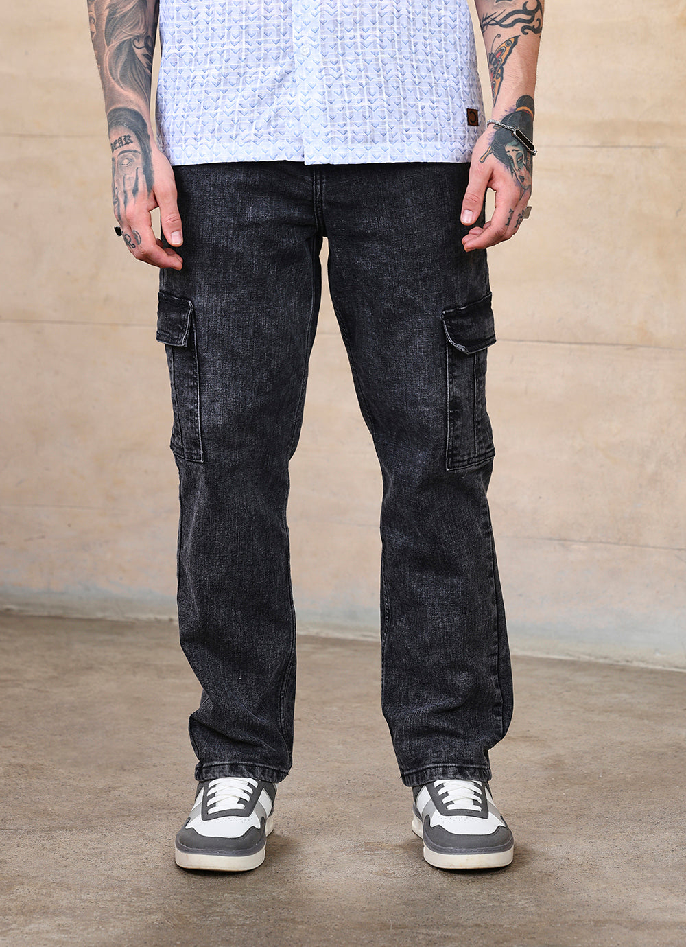 Black Faded Cross Hatch Cargo Fit Jeans