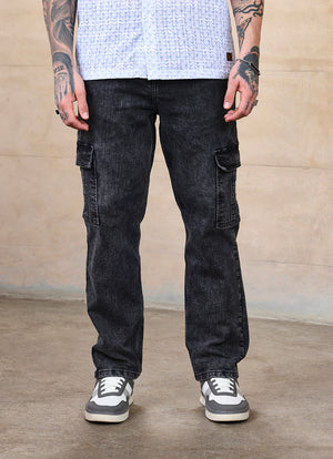 Washed Black Faded Cross Hatch Cargo Fit Jeans