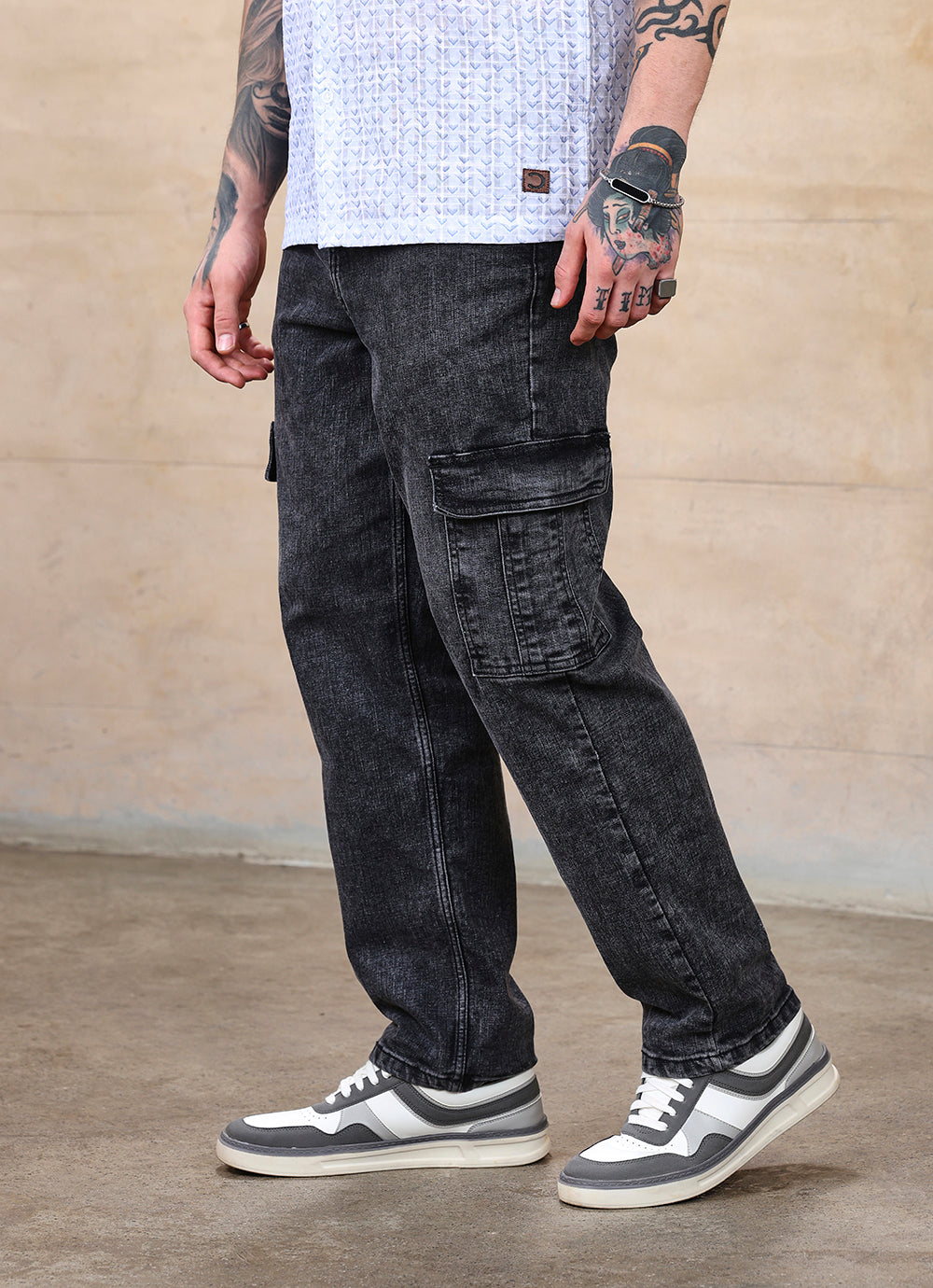 Black Faded Cross Hatch Cargo Fit Jeans