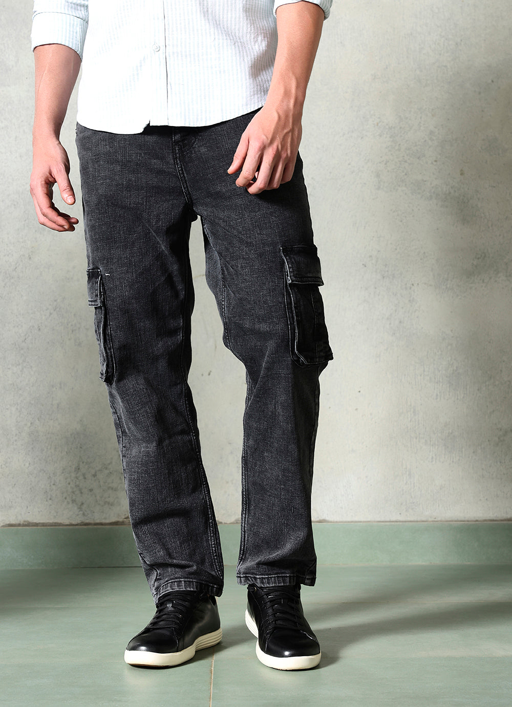 Black Faded Cross Hatch Cargo Fit Jeans