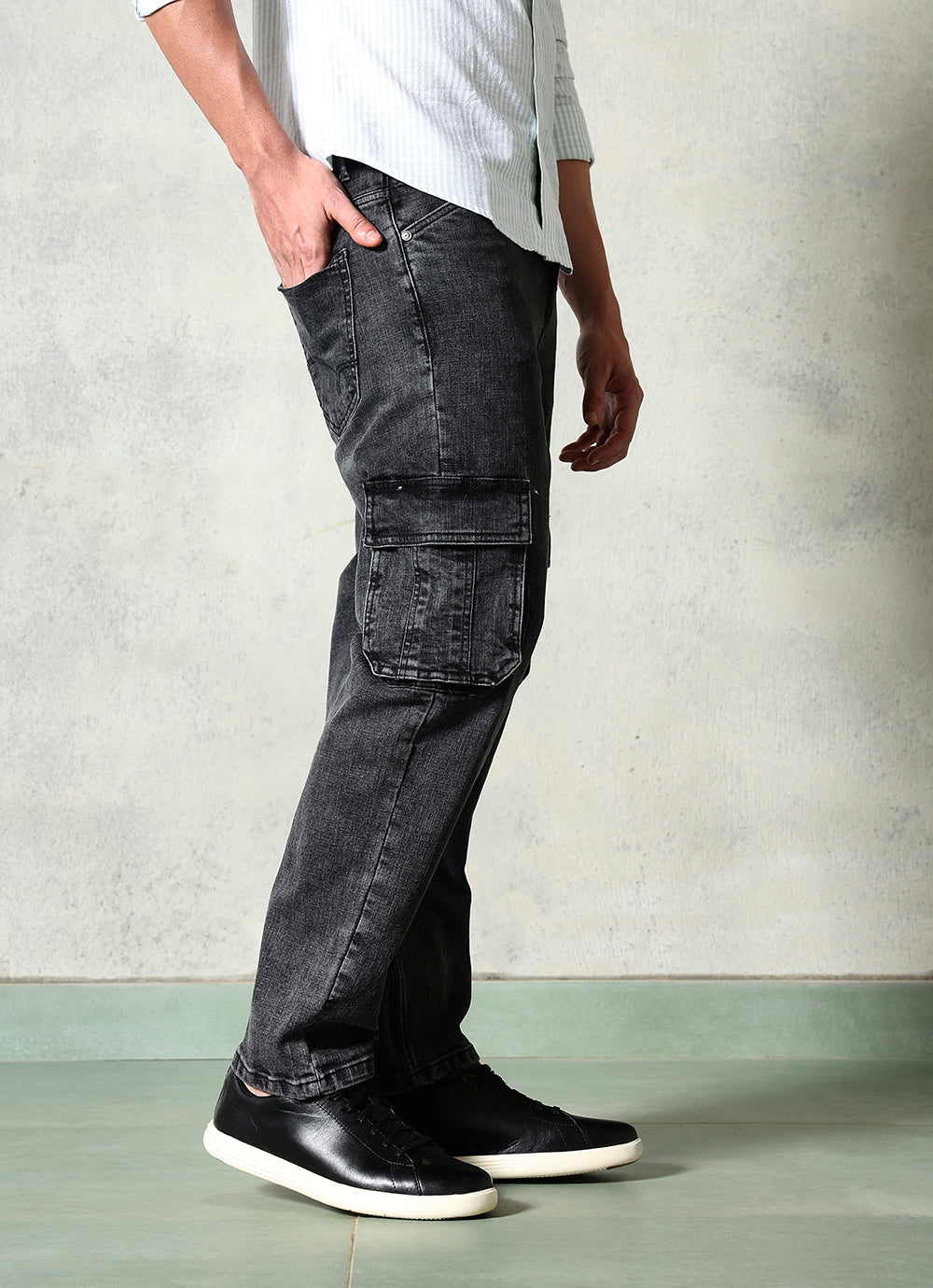Black Faded Cross Hatch Cargo Fit Jeans
