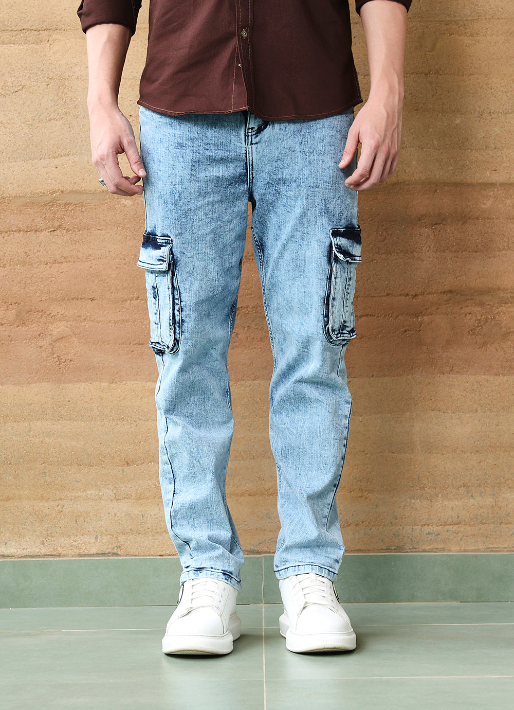 Light Blue Faded Cross Hatch Cargo Fit Jeans