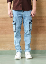 Light Blue Faded Cross Hatch Cargo Fit Jeans