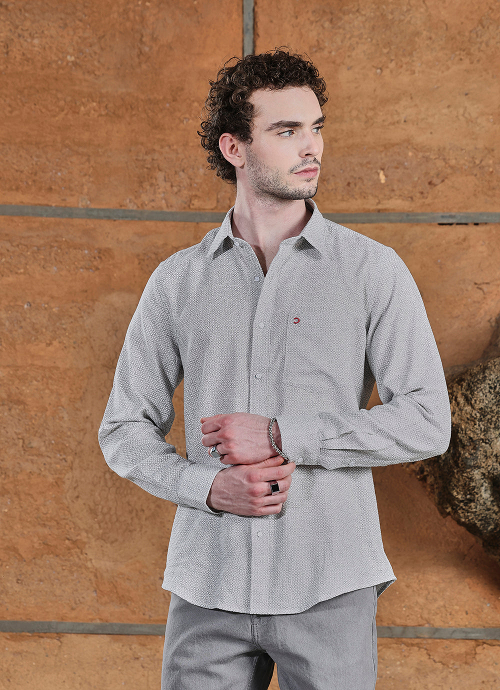 White Print Cotton Slim Fit Shirt