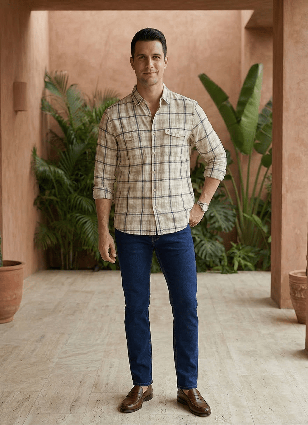 Brown Cotton Dobby Regular Fit Full Sleeve Shirt