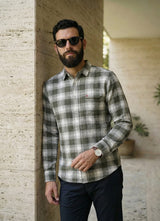 Green Cotton Dobby Checks Slim Fit Full Sleeve Shirt
