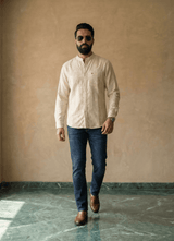 Brown Cotton Stripes Mandarin Collar Slim Fit Full Sleeve Shirt