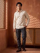 White and Brown Embroidered Cotton Slim Fit Full Sleeve Shirt