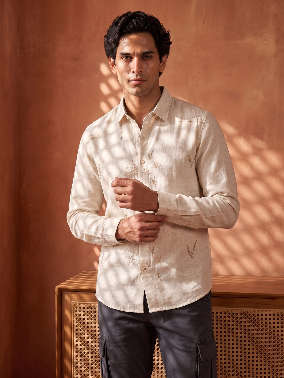 White and Brown Embroidered Cotton Slim Fit Full Sleeve Shirt