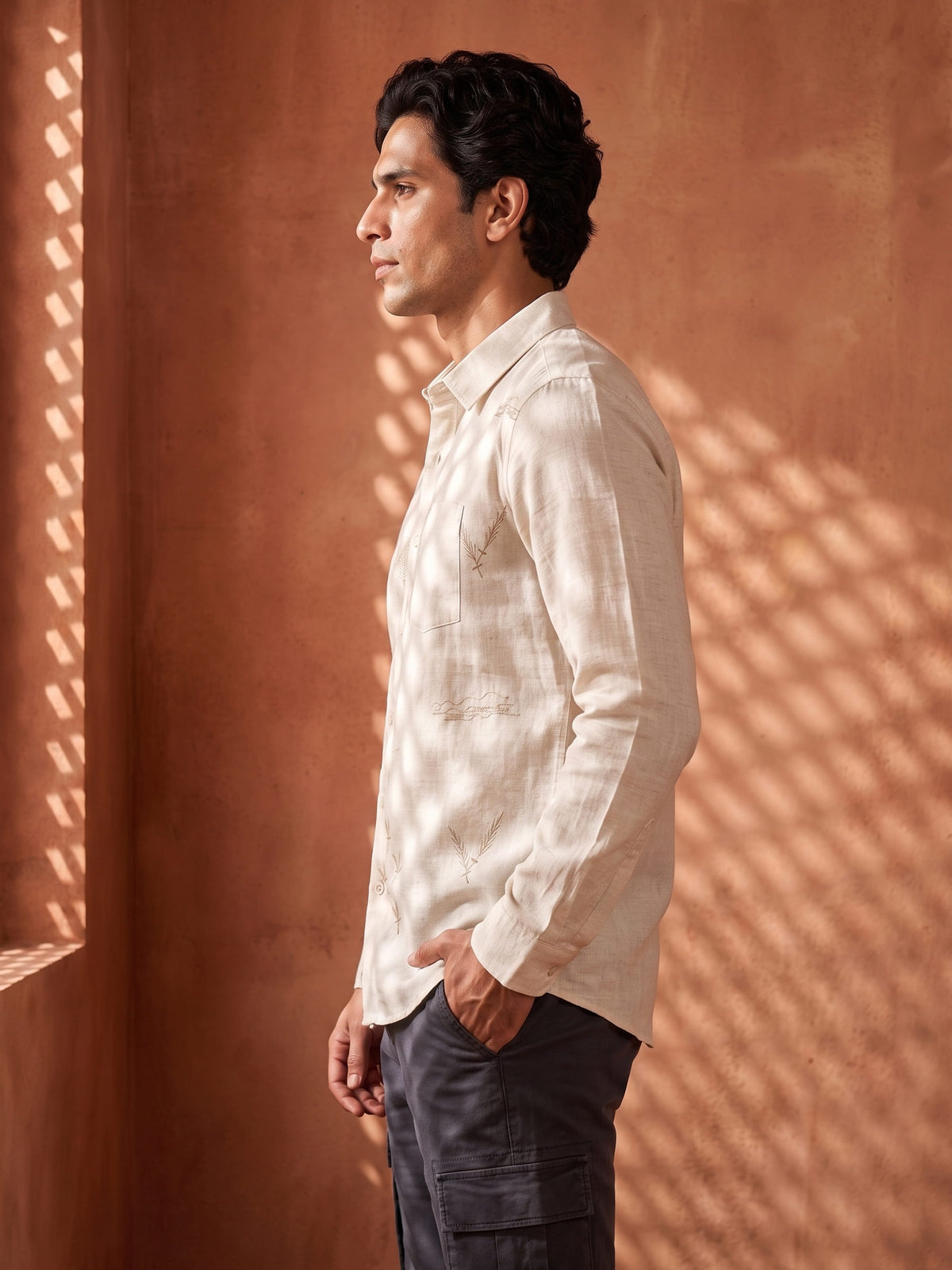 White and Brown Embroidered Cotton Slim Fit Full Sleeve Shirt