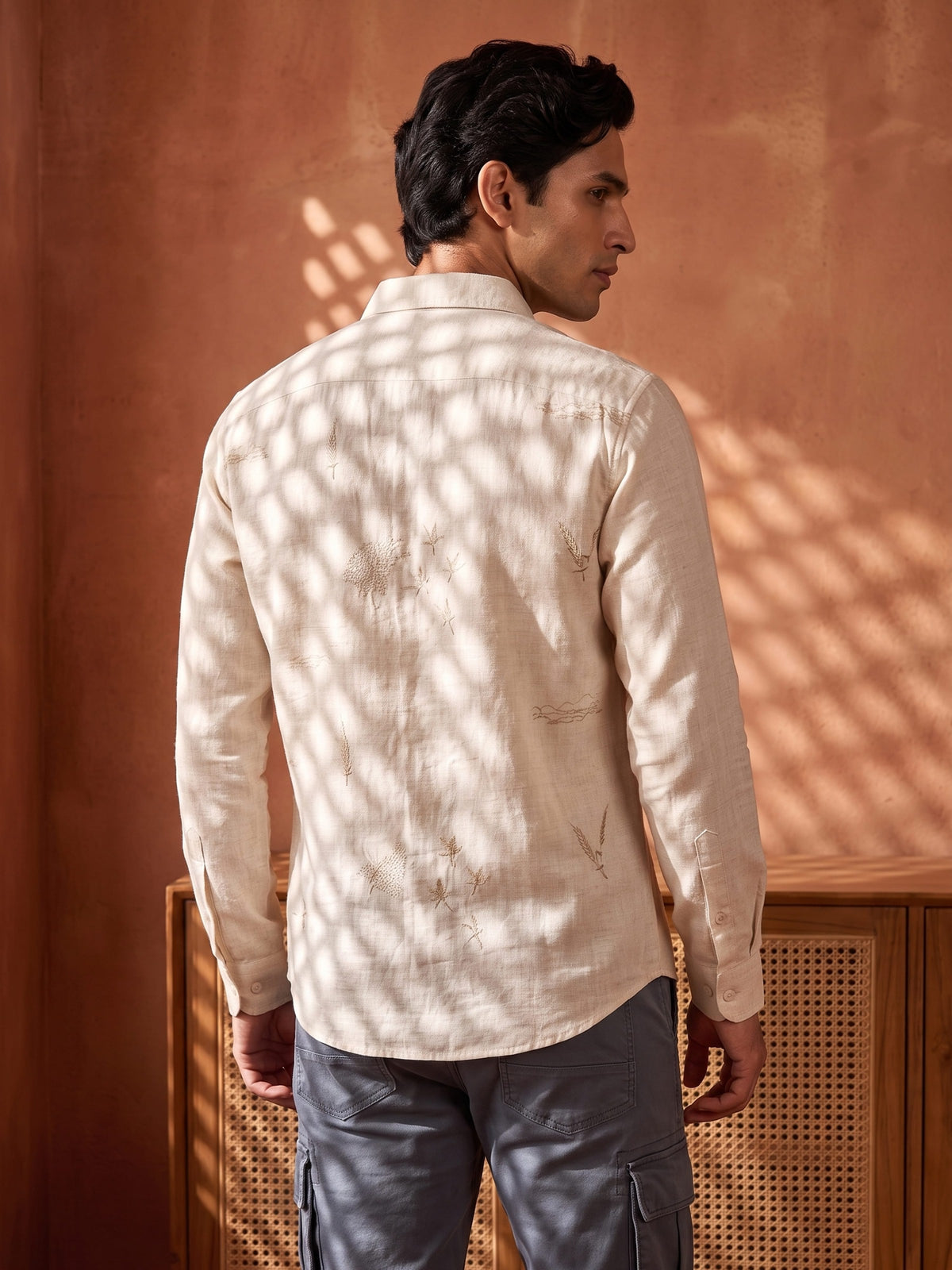White and Brown Embroidered Cotton Slim Fit Full Sleeve Shirt