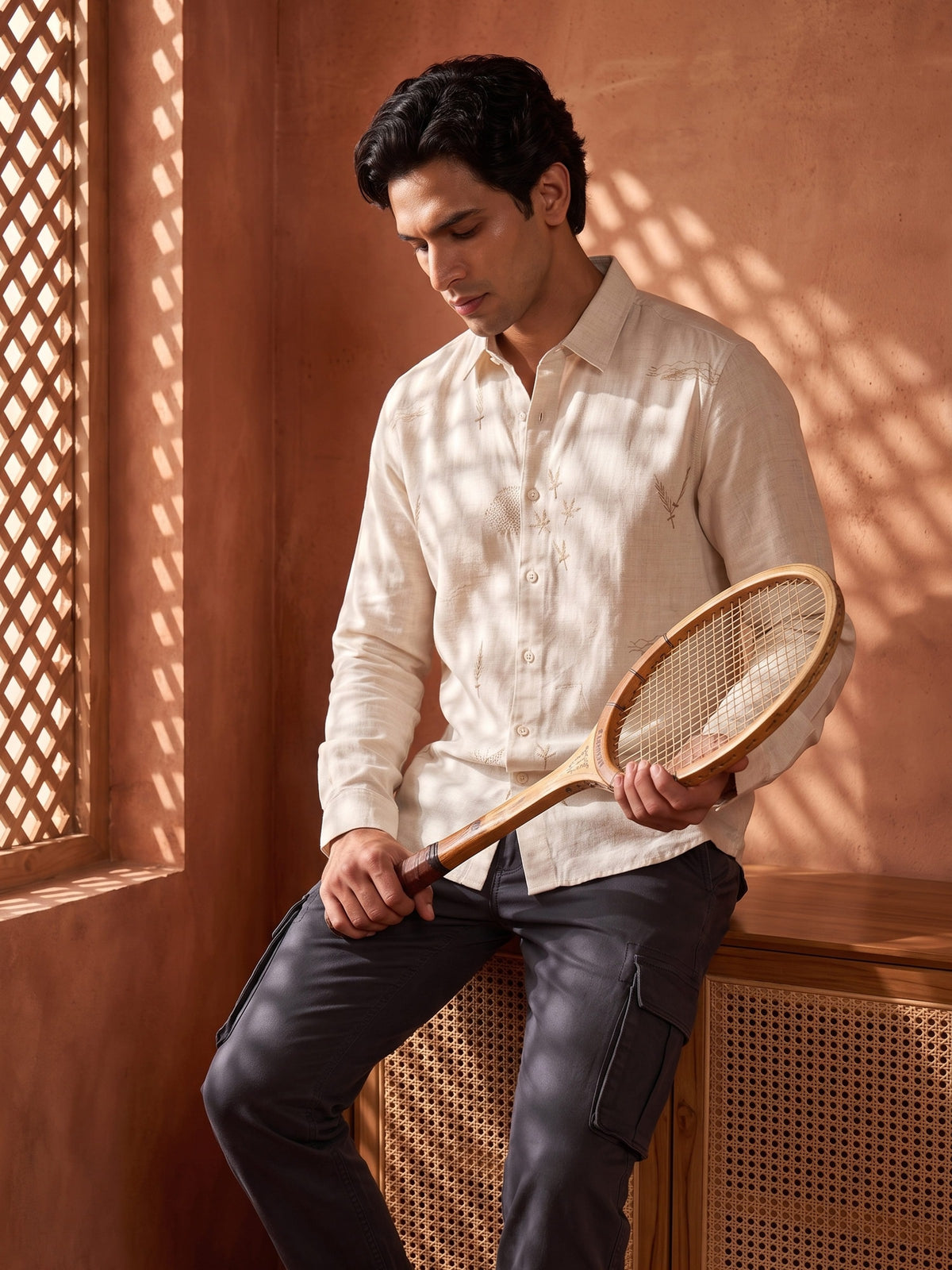 White and Brown Embroidered Cotton Slim Fit Full Sleeve Shirt
