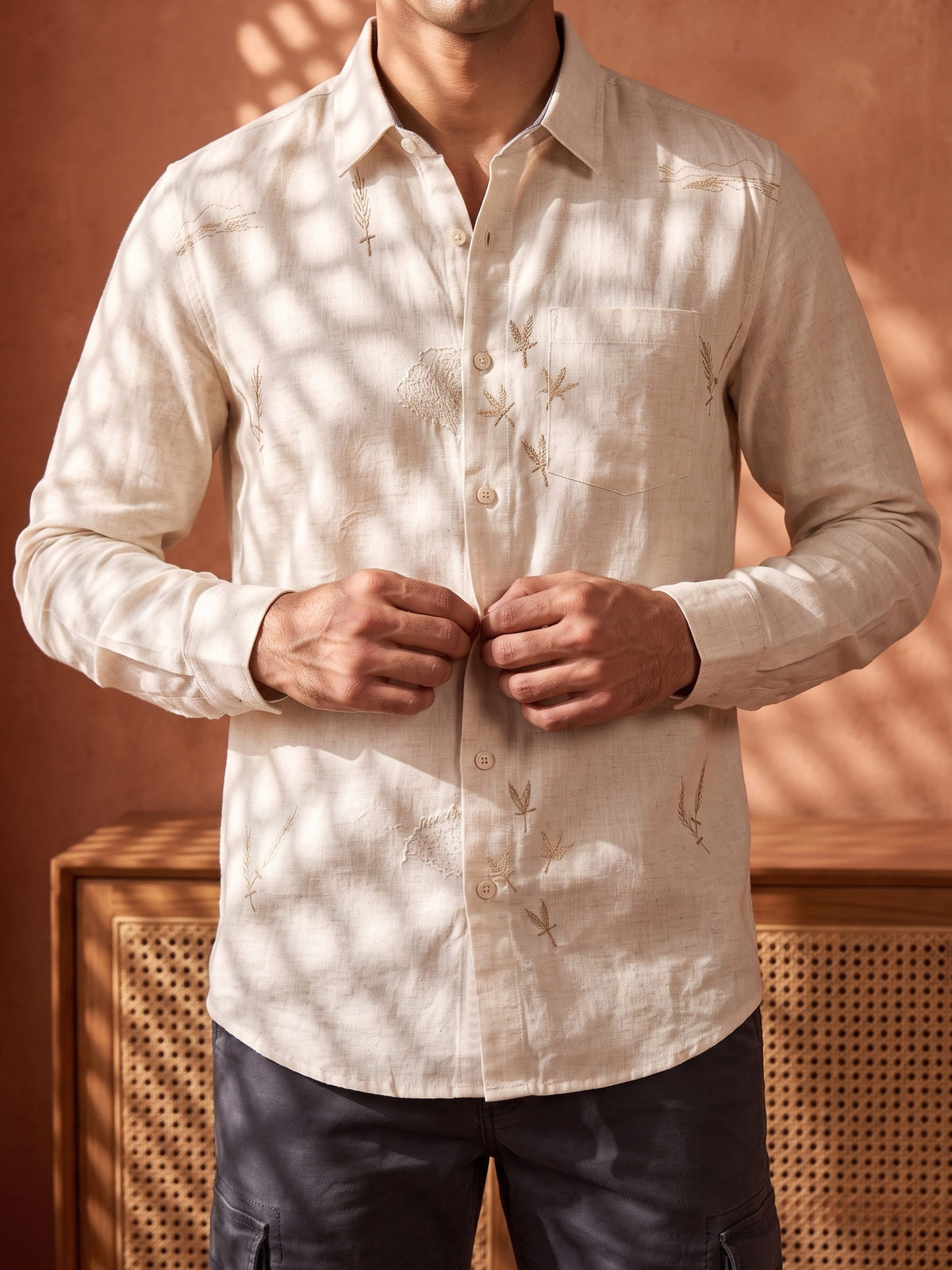 White and Brown Embroidered Cotton Slim Fit Full Sleeve Shirt