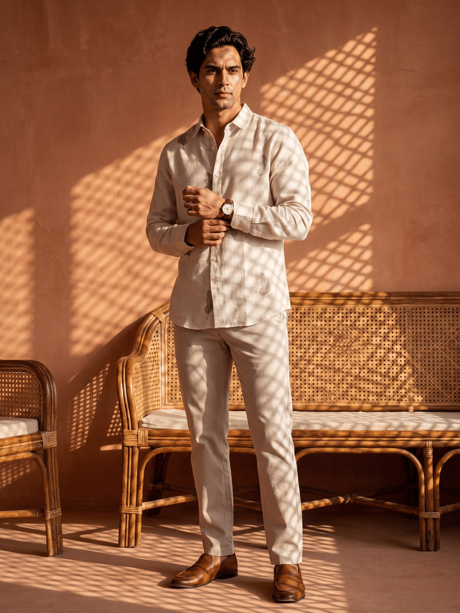 White and Grey Printed Cotton Slim Fit Full Sleeve Shirt