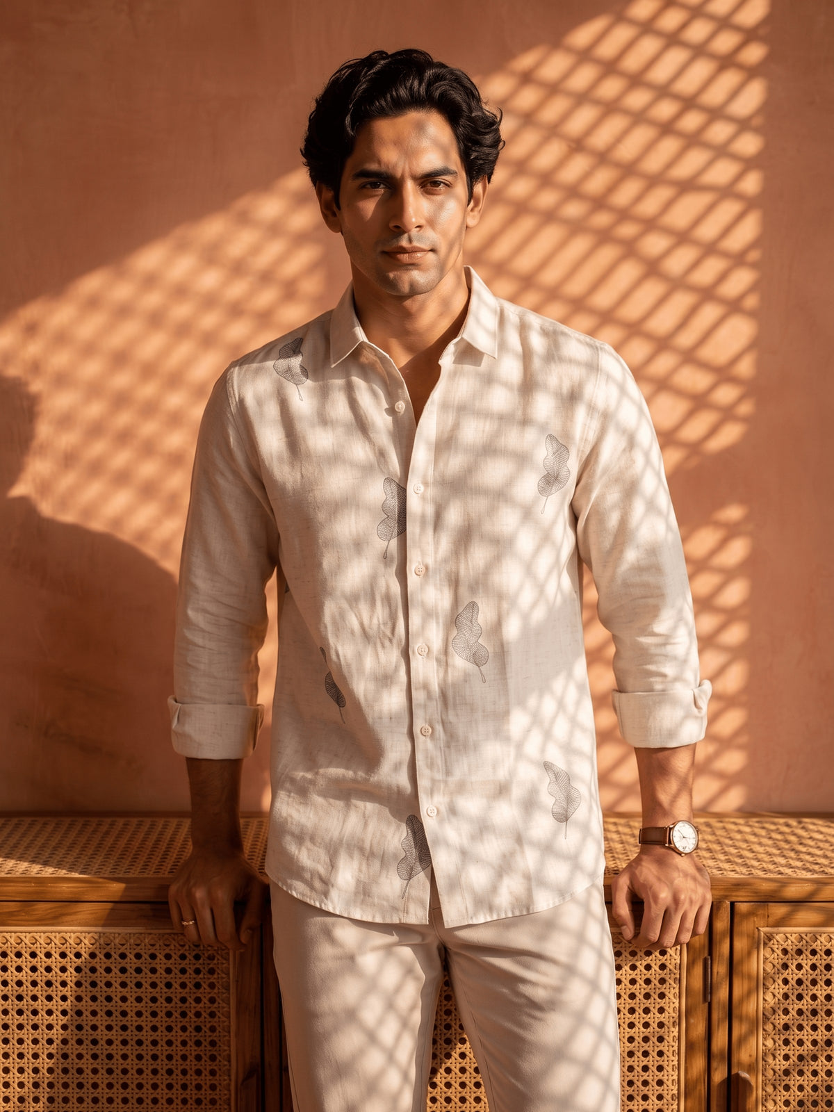 White and Grey Printed Cotton Slim Fit Full Sleeve Shirt