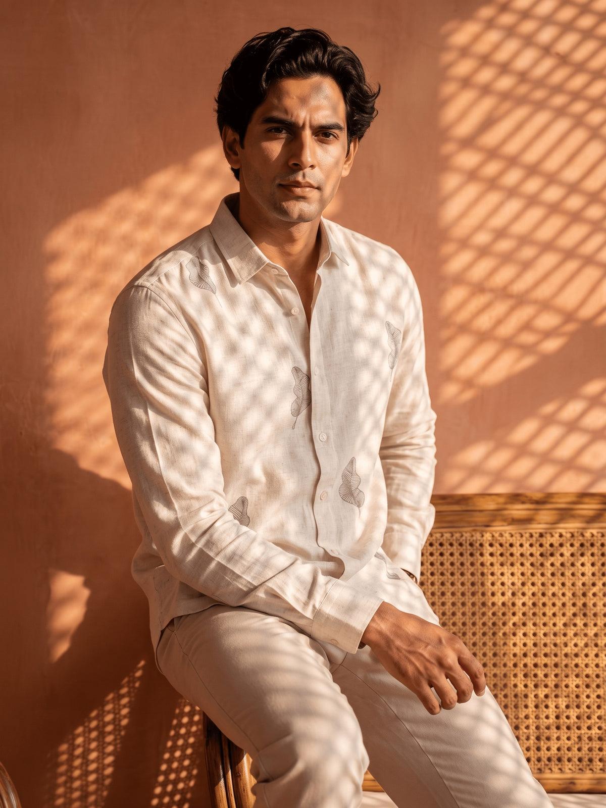 White and Grey Printed Cotton Slim Fit Full Sleeve Shirt