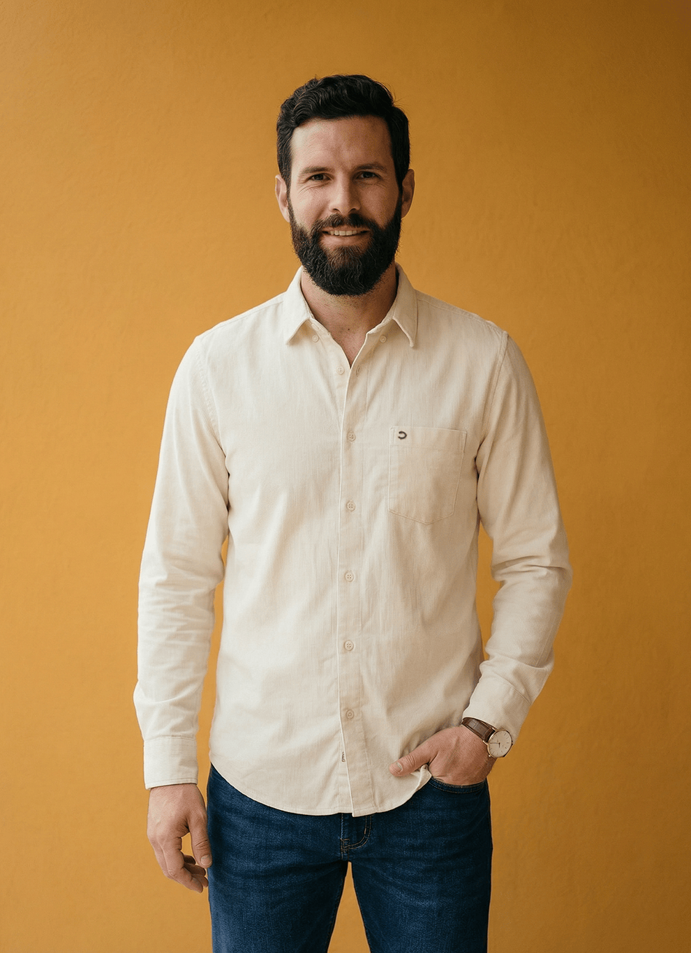 Beige Cotton Slim Fit Full Sleeve Shirt