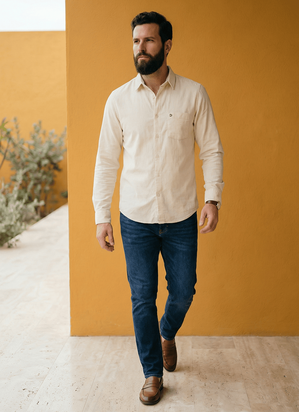 Beige Cotton Slim Fit Full Sleeve Shirt