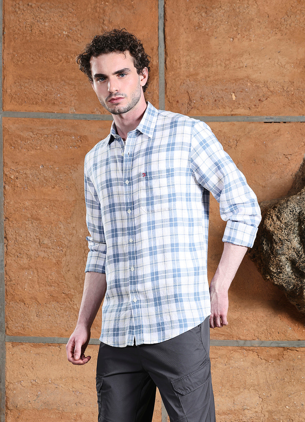 Aqua Checks Linen Blend Slim Fit Shirt