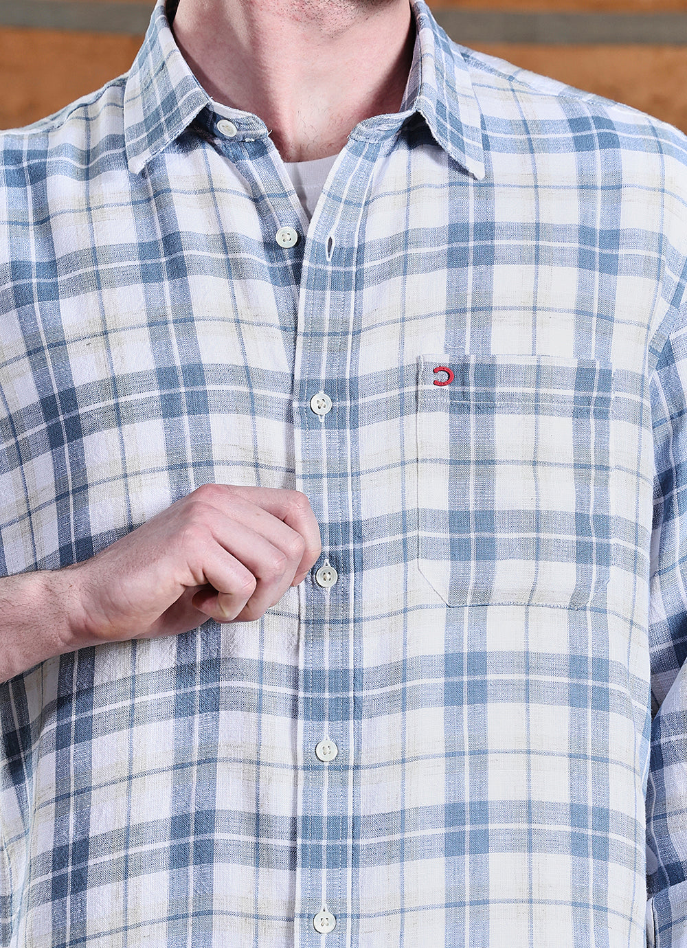 Aqua Checks Linen Blend Slim Fit Shirt