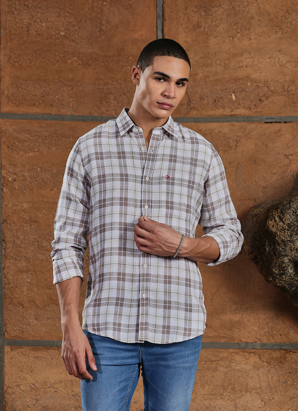Beige Checks Linen Blend Slim Fit Shirt
