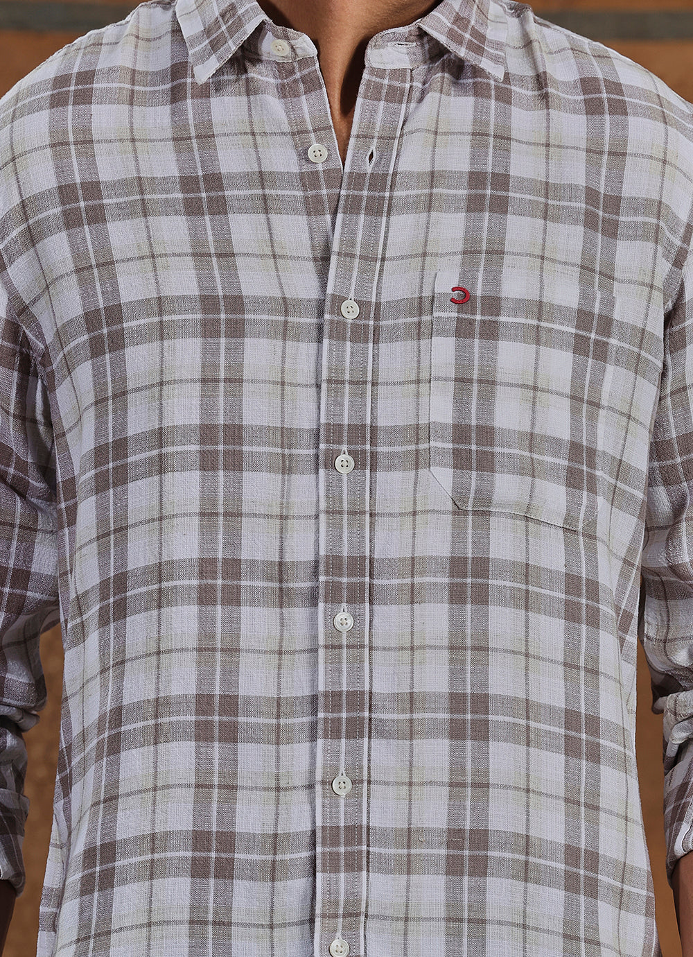 Beige Checks Linen Blend Slim Fit Shirt