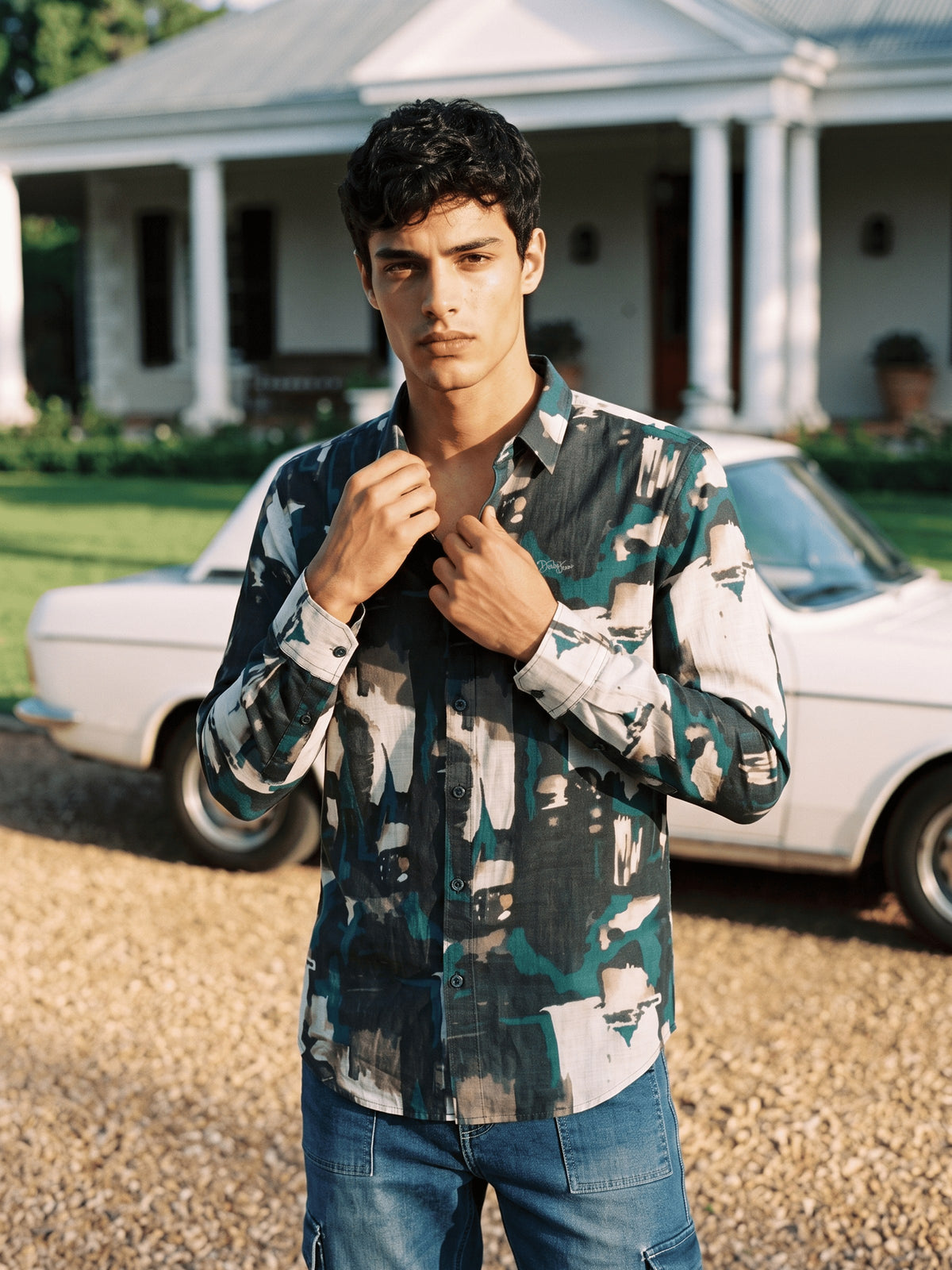 Green Printed Poly Viscose Slim Fit Full Sleeve Shirt