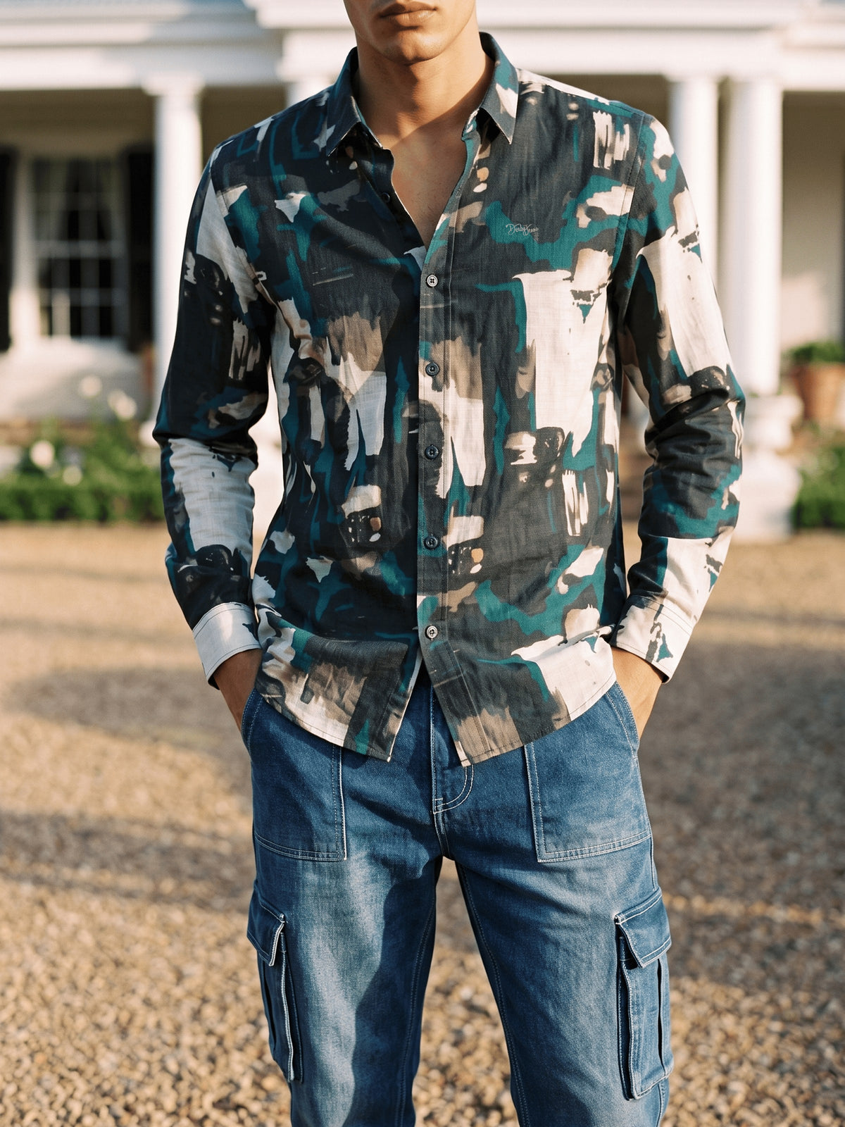 Green Printed Poly Viscose Slim Fit Full Sleeve Shirt