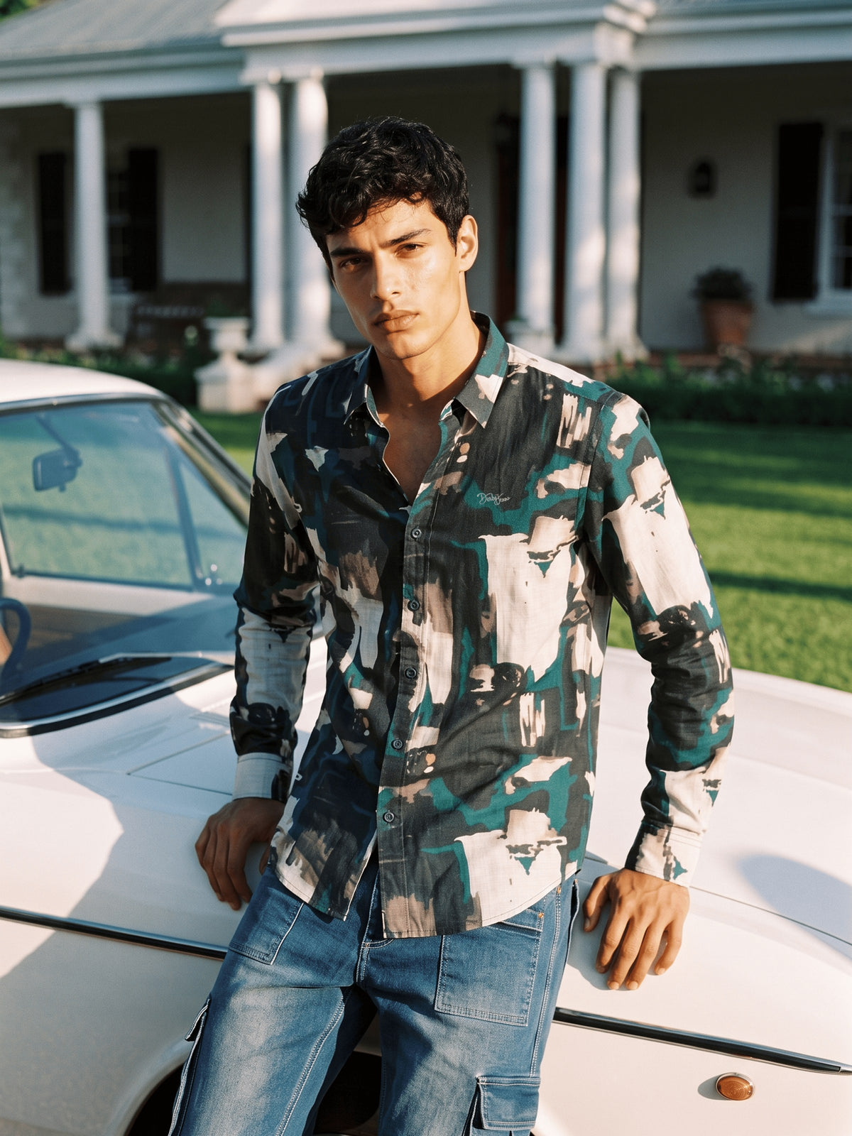 Green Printed Poly Viscose Slim Fit Full Sleeve Shirt