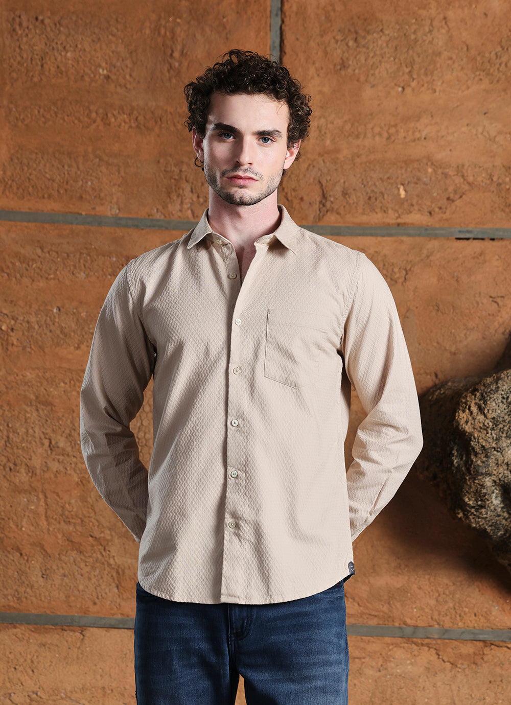 Beige Solids Cotton Slim Fit Shirt