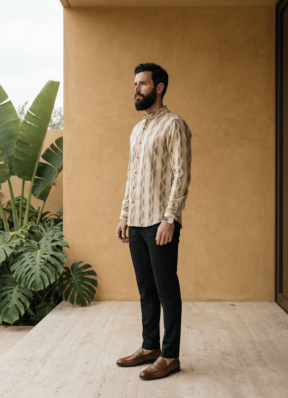 Yellow Seersucker Print Cotton Slim Fit Full Sleeve Shirt