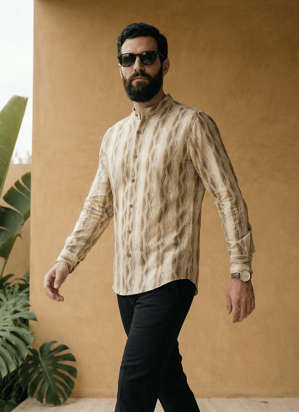 Yellow Seersucker Print Cotton Slim Fit Full Sleeve Shirt