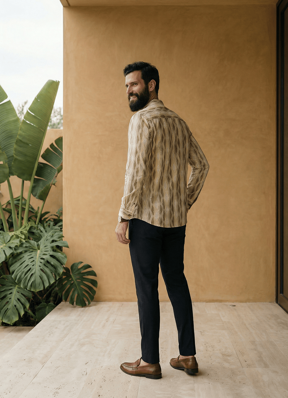 Yellow Seersucker Print Cotton Slim Fit Full Sleeve Shirt