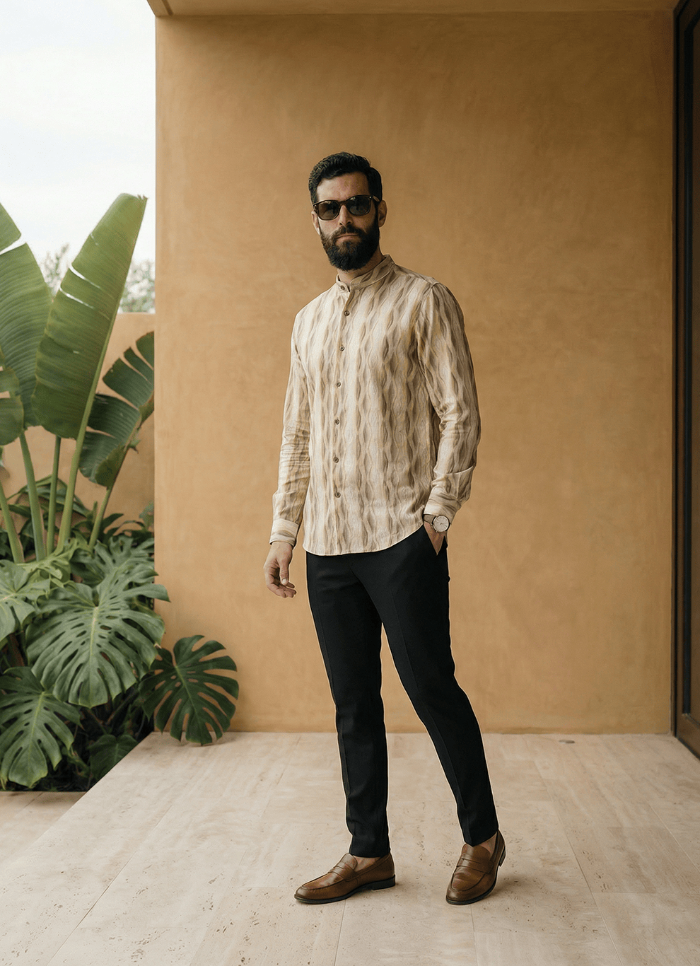 Yellow Seersucker Print Cotton Slim Fit Full Sleeve Shirt