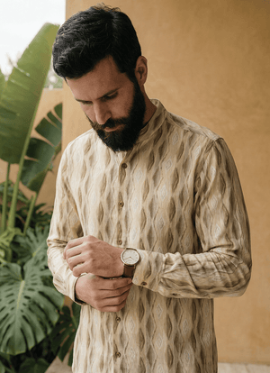 Yellow Seersucker Print Cotton Slim Fit Full Sleeve Shirt