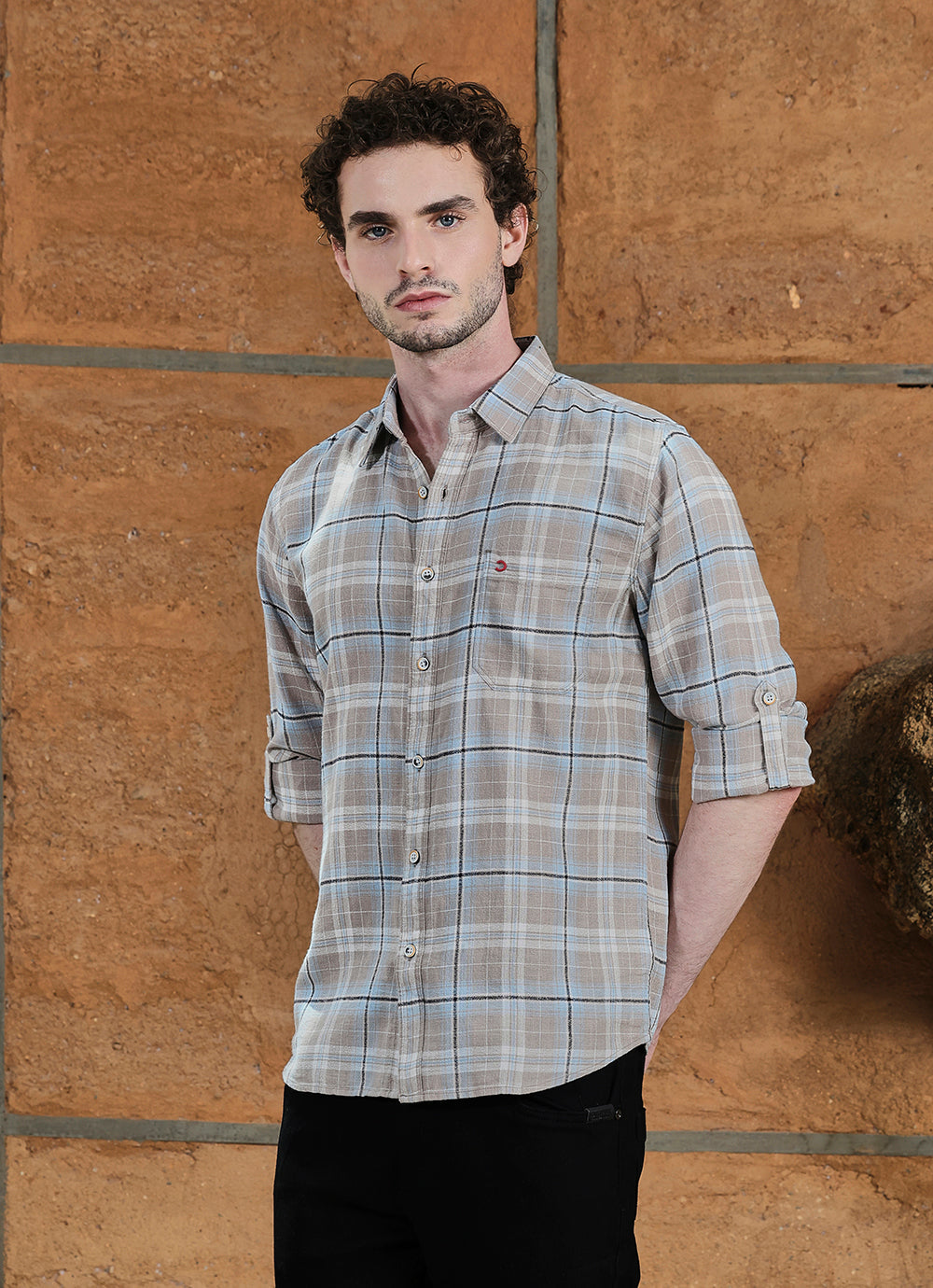 Beige Checks Cotton Slim Fit Shirt