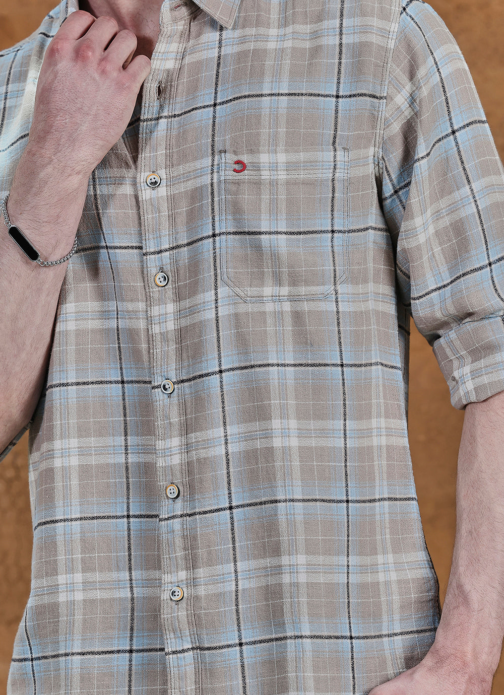 Beige Checks Cotton Slim Fit Shirt