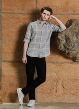 Beige Checks Cotton Slim Fit Shirt, view 5