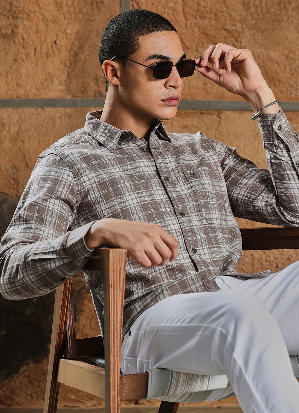 Dark Beige Checks Cotton Slim Fit Shirt