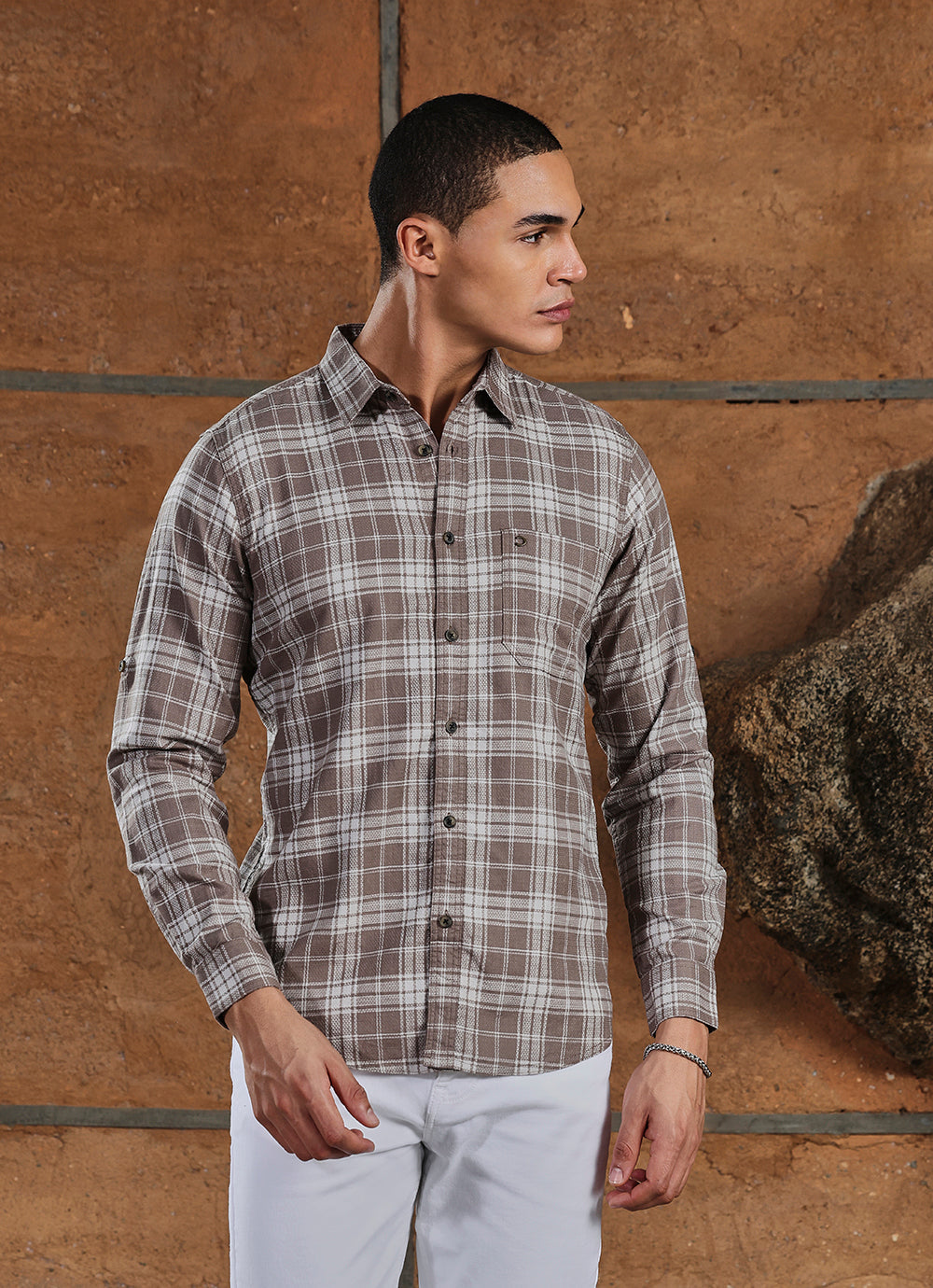 Dark Beige Checks Cotton Slim Fit Shirt