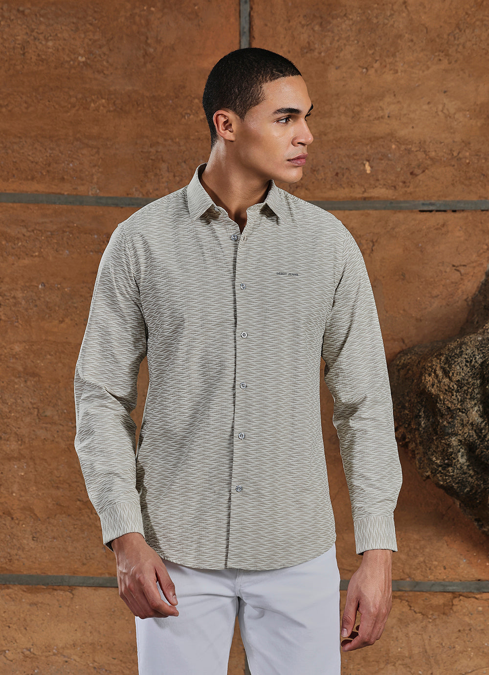 Olive Print Cotton Slim Fit Shirt