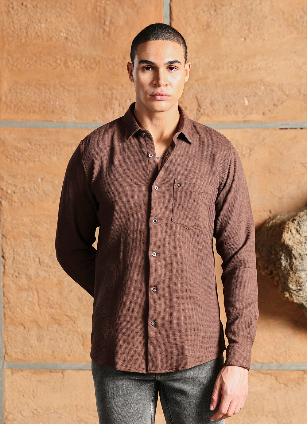 Brown Solids Cotton Slim Fit Shirt