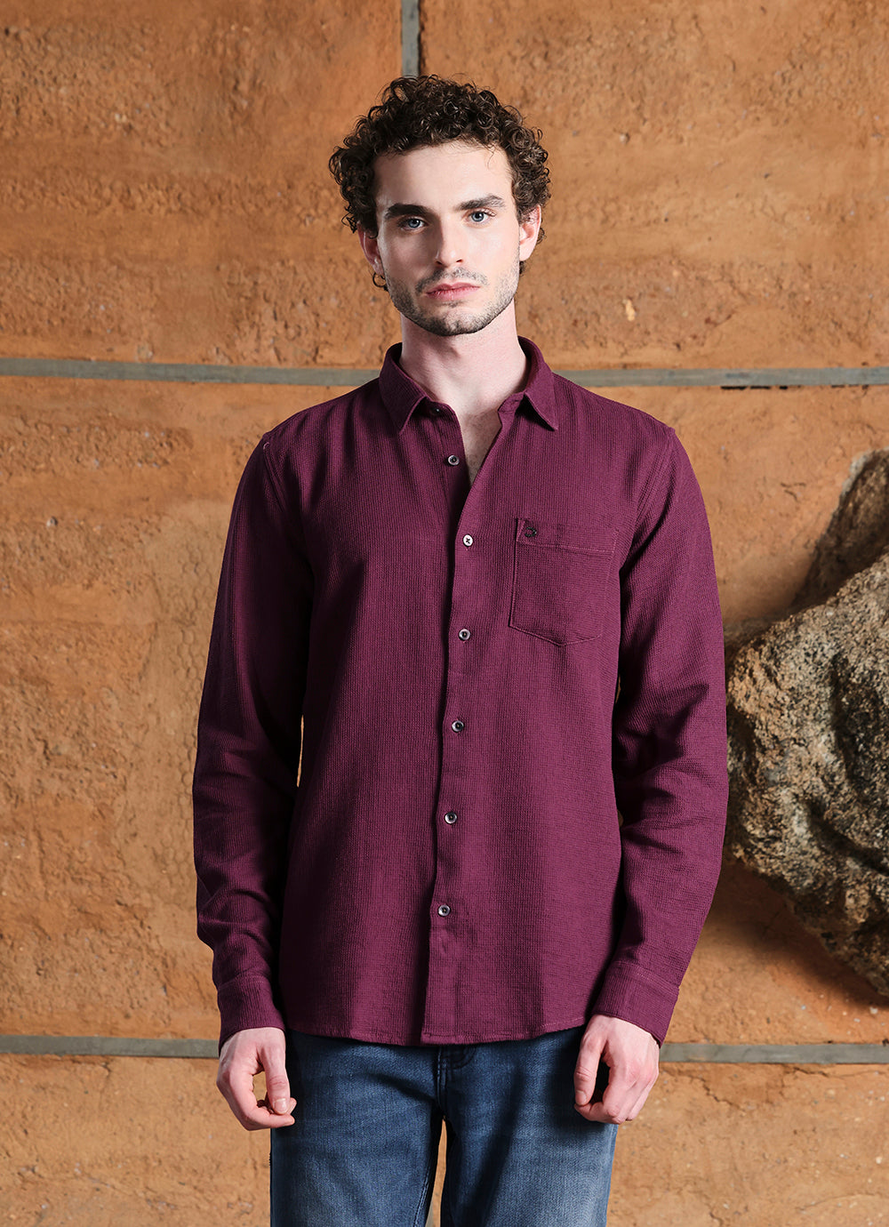 Maroon Solids Cotton Slim Fit Shirt