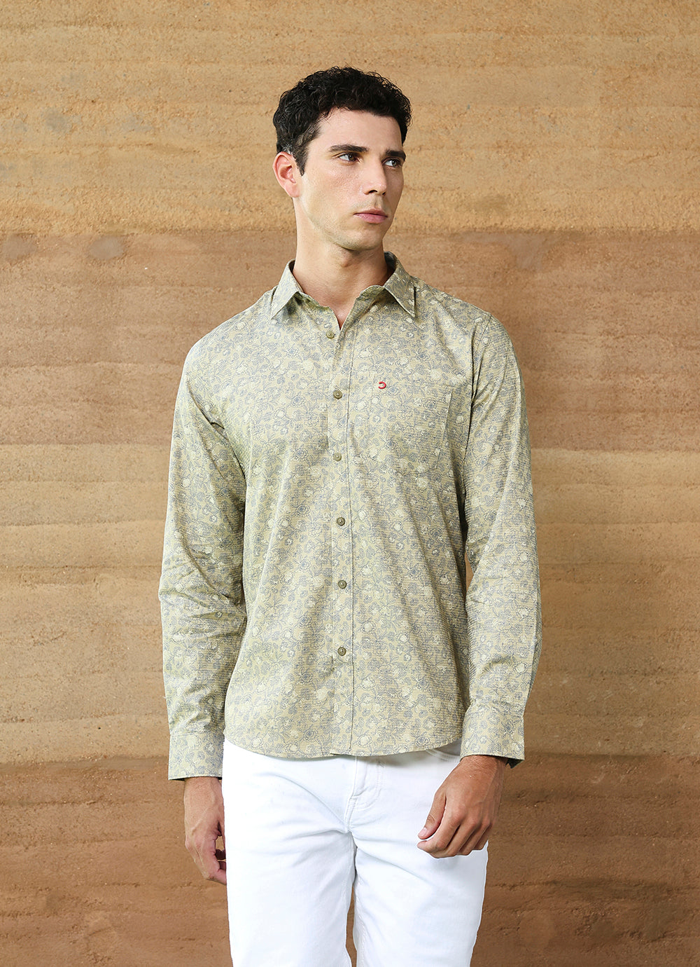 Light Khaki Print Cotton Slim Fit Shirt