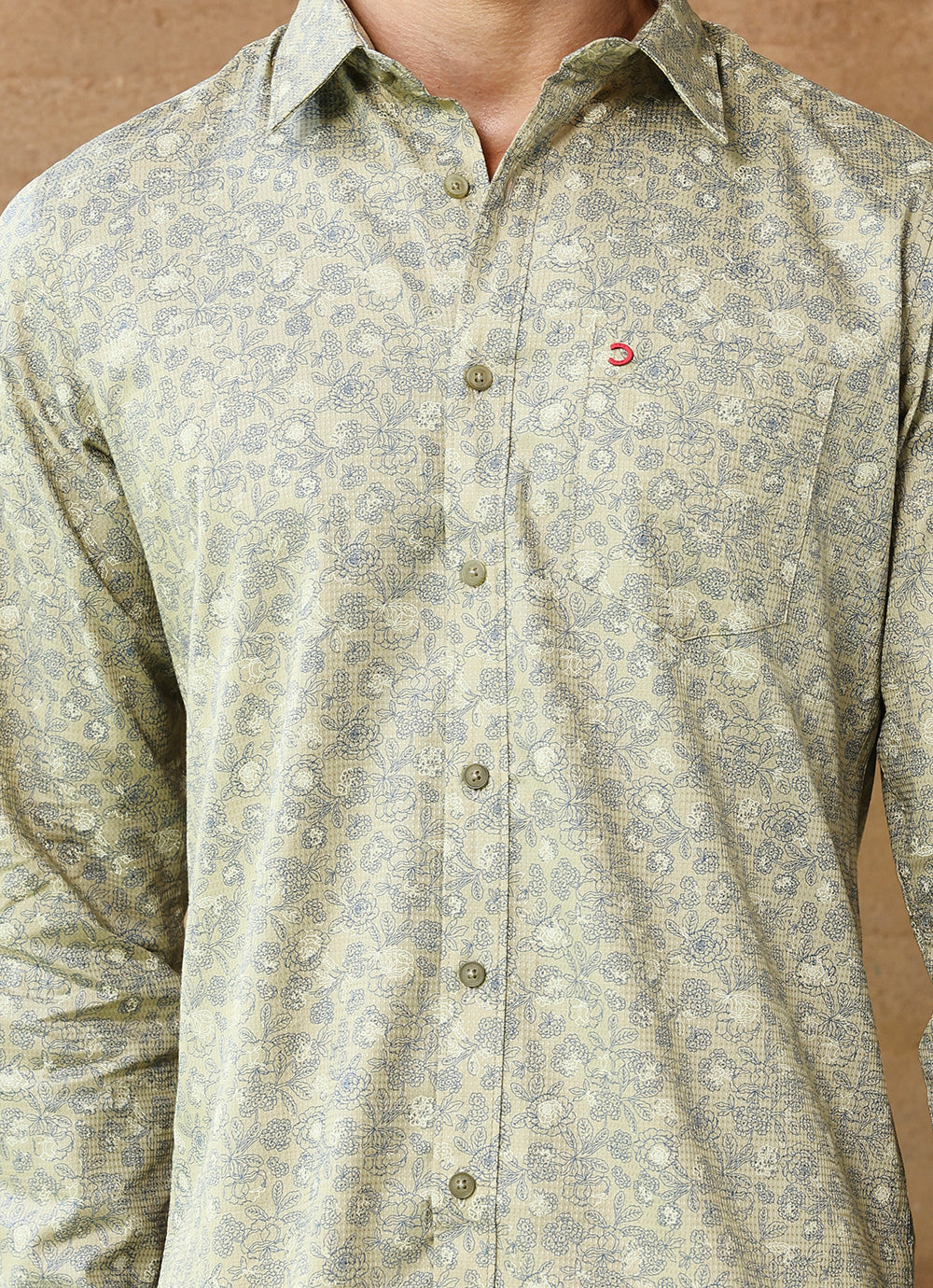 Light Khaki Print Cotton Slim Fit Shirt